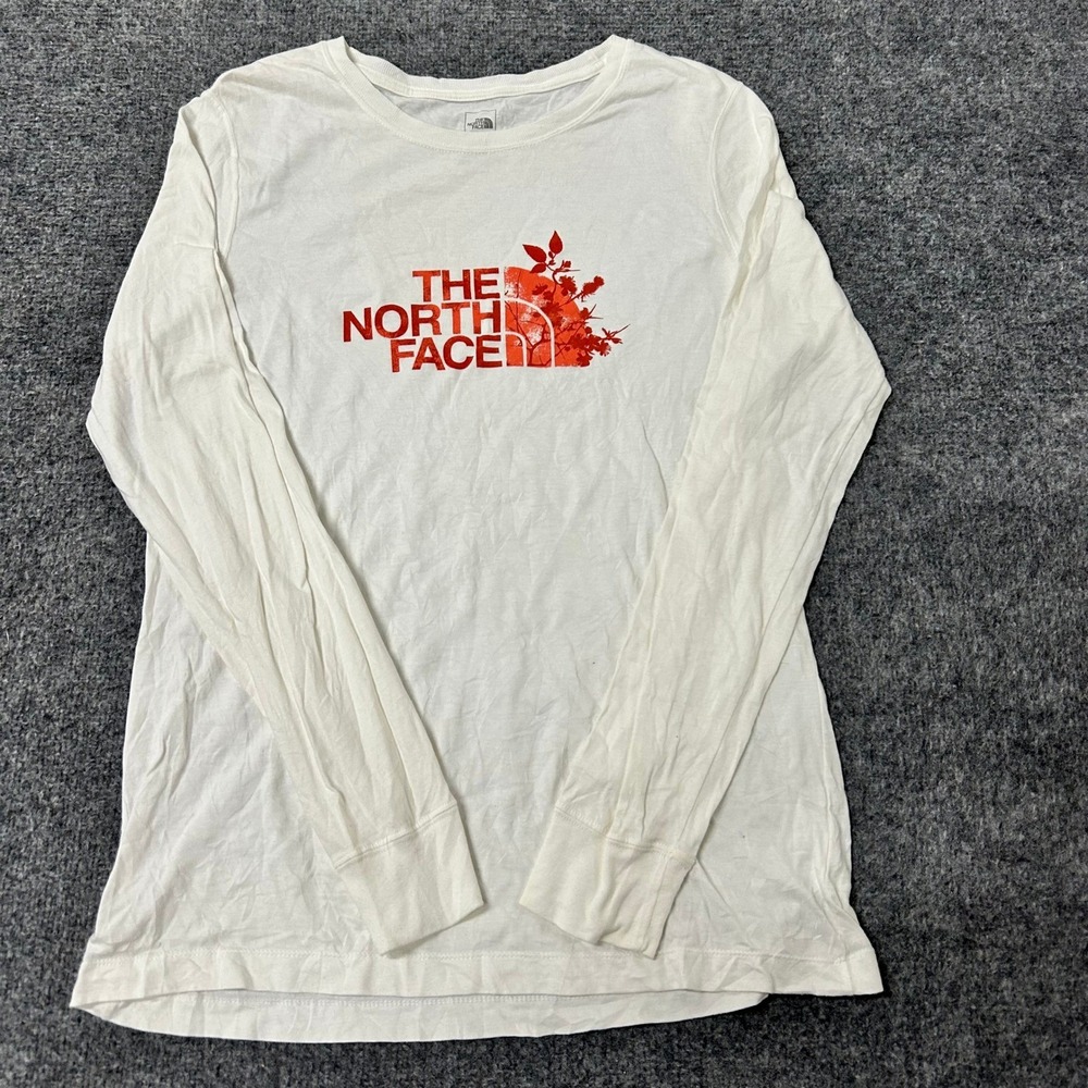 The North Face Long Sleeve Shirt Womens Size L White Organic Cotton Graphic Logo